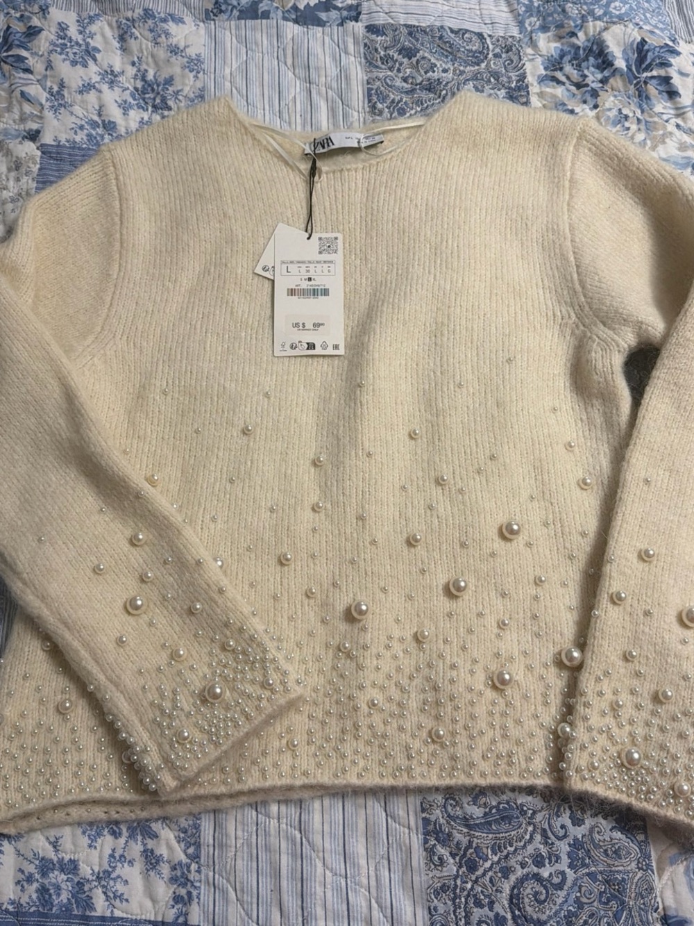 ZARA Cream Pearl-Embellished Crewneck Sweater